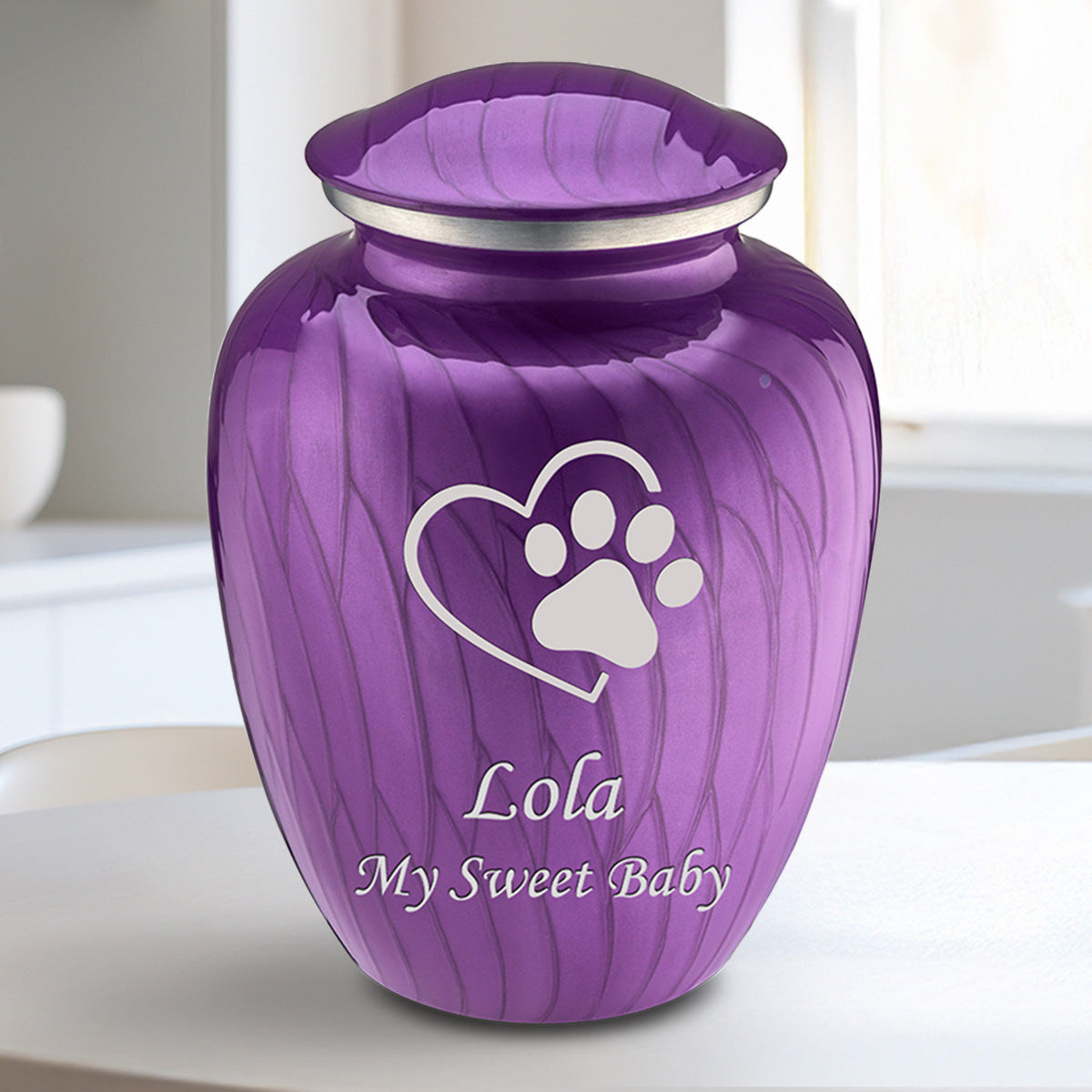 Medium Embrace Pearl Purple Single Paw Heart Pet Cremation Urn