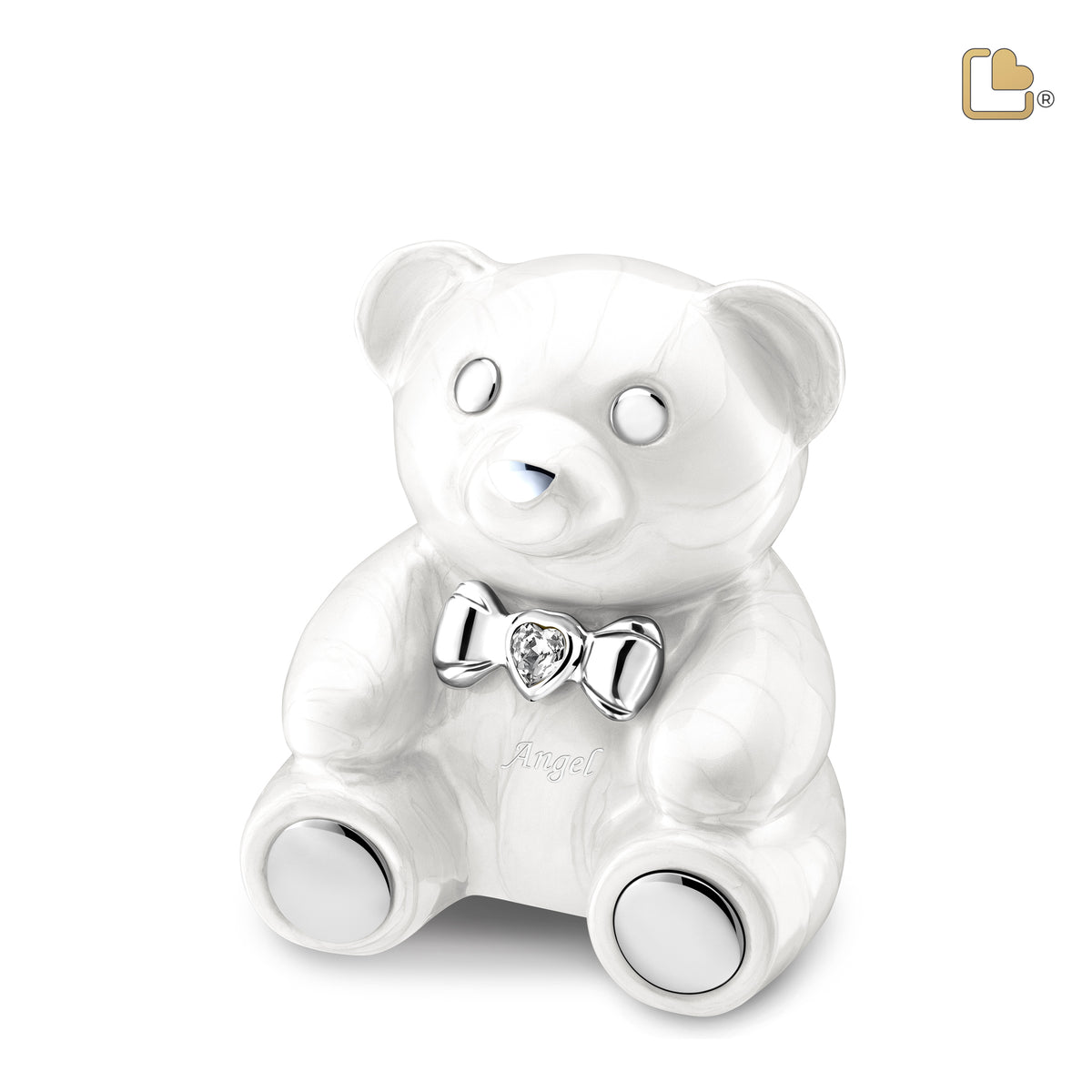 CuddleBear Child Urn Pearl White &amp; Polished Silver With Crystal