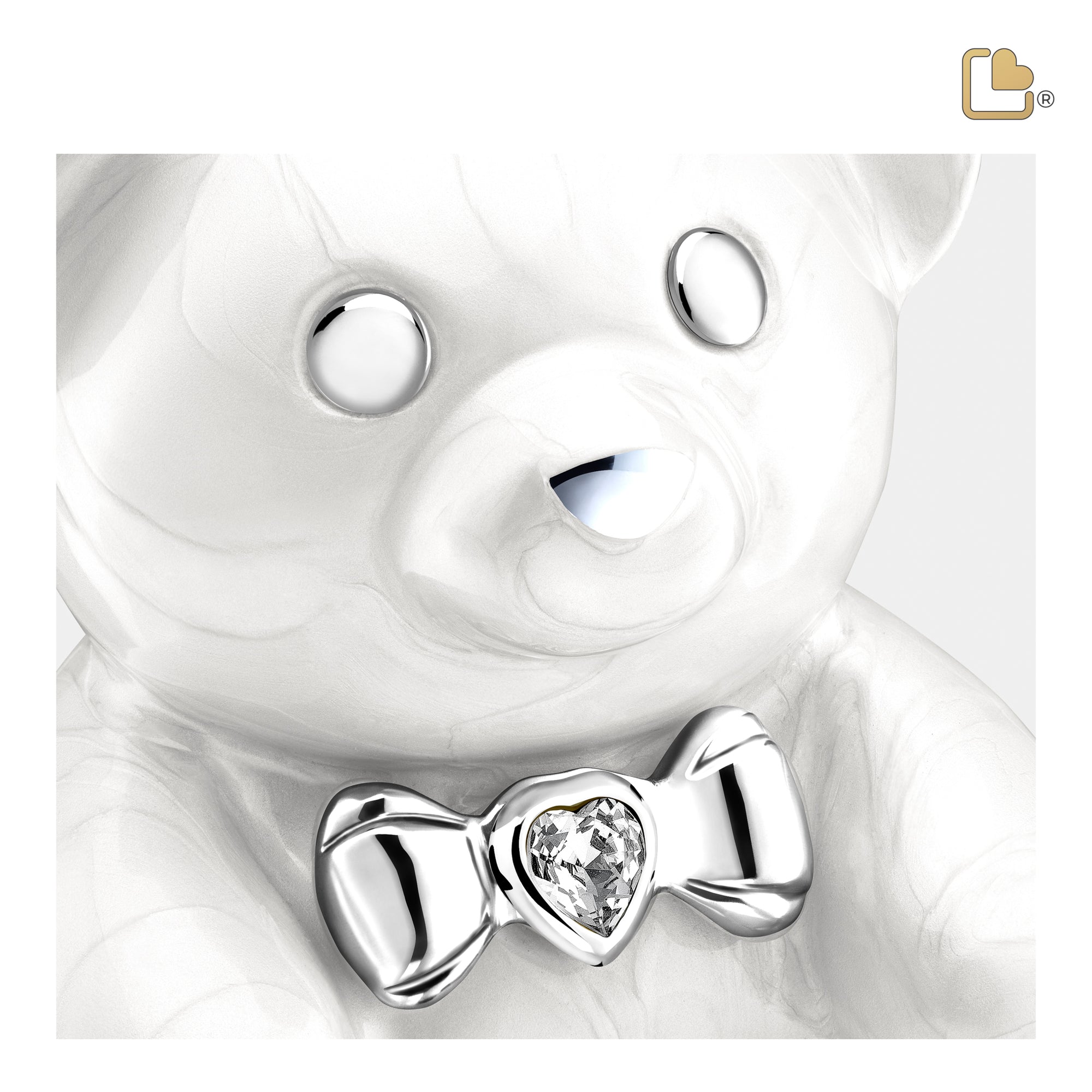 CuddleBear Child Urn Pearl White & Polished Silver With Crystal