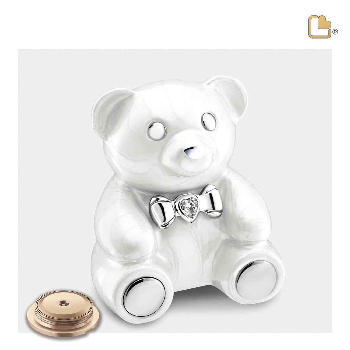 CuddleBear Child Urn Pearl White & Polished Silver With Crystal