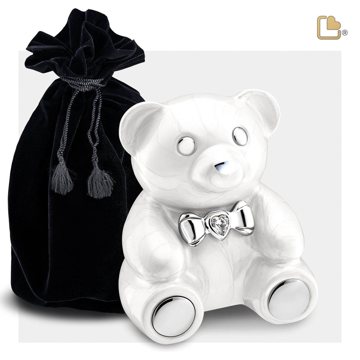 CuddleBear Child Urn Pearl White & Polished Silver With Crystal