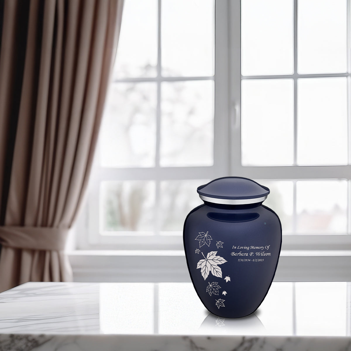 Medium Embrace Cobalt Blue Falling Leaves Cremation Urn