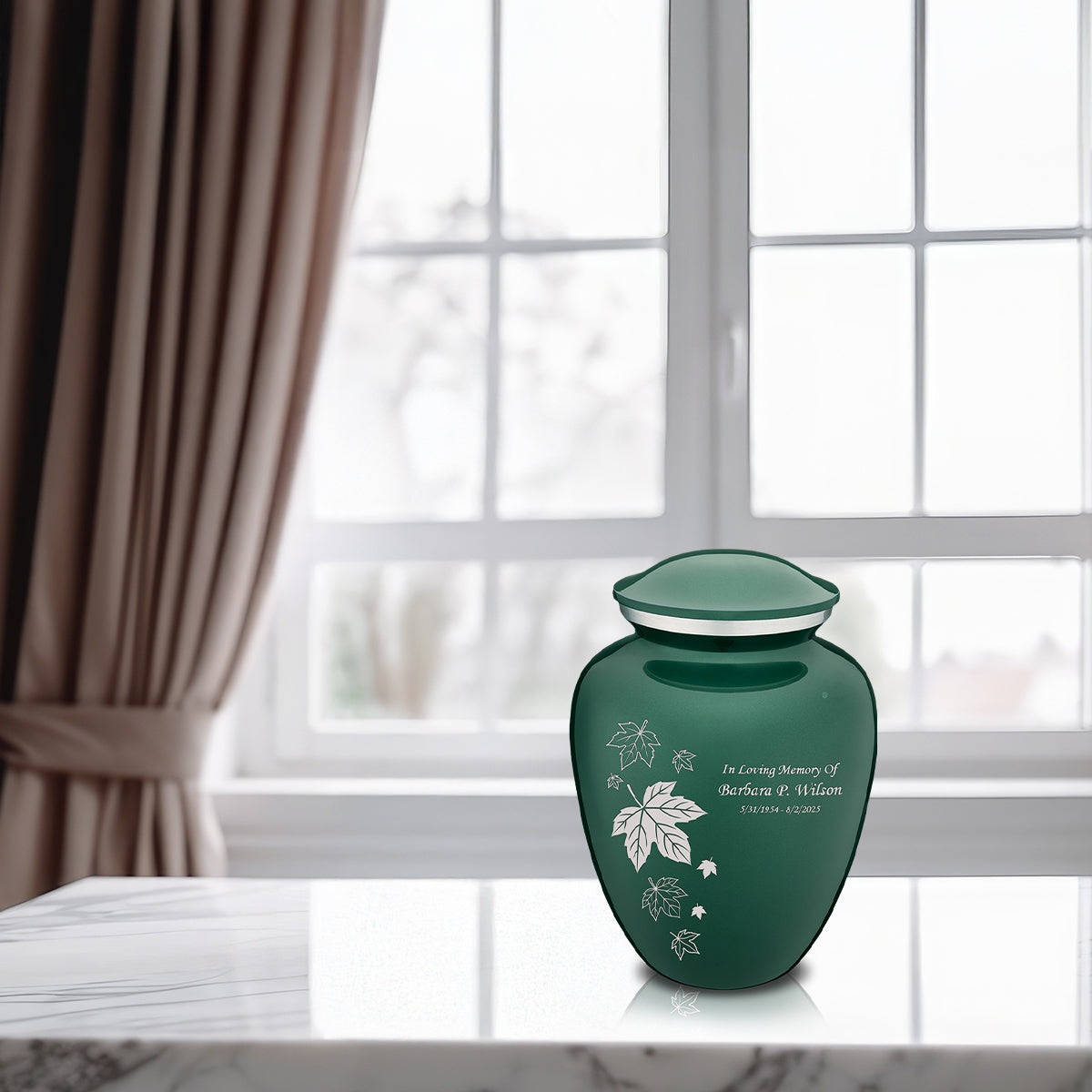 Medium Embrace Green Falling Leaves Cremation Urn