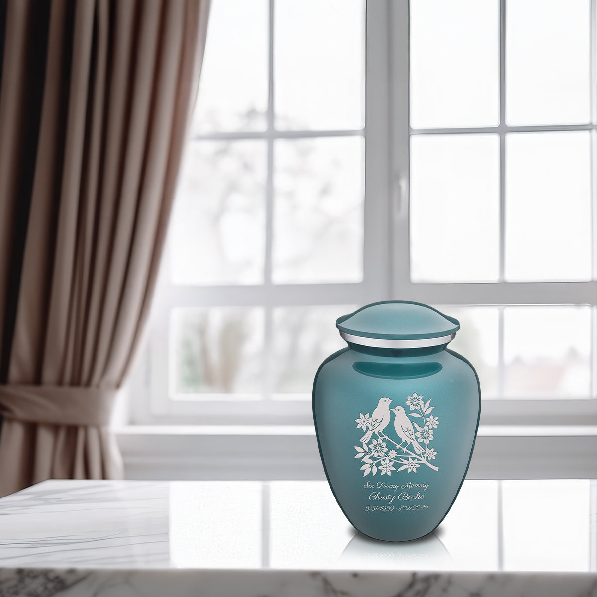 Medium Embrace Teal Songbirds Cremation Urn