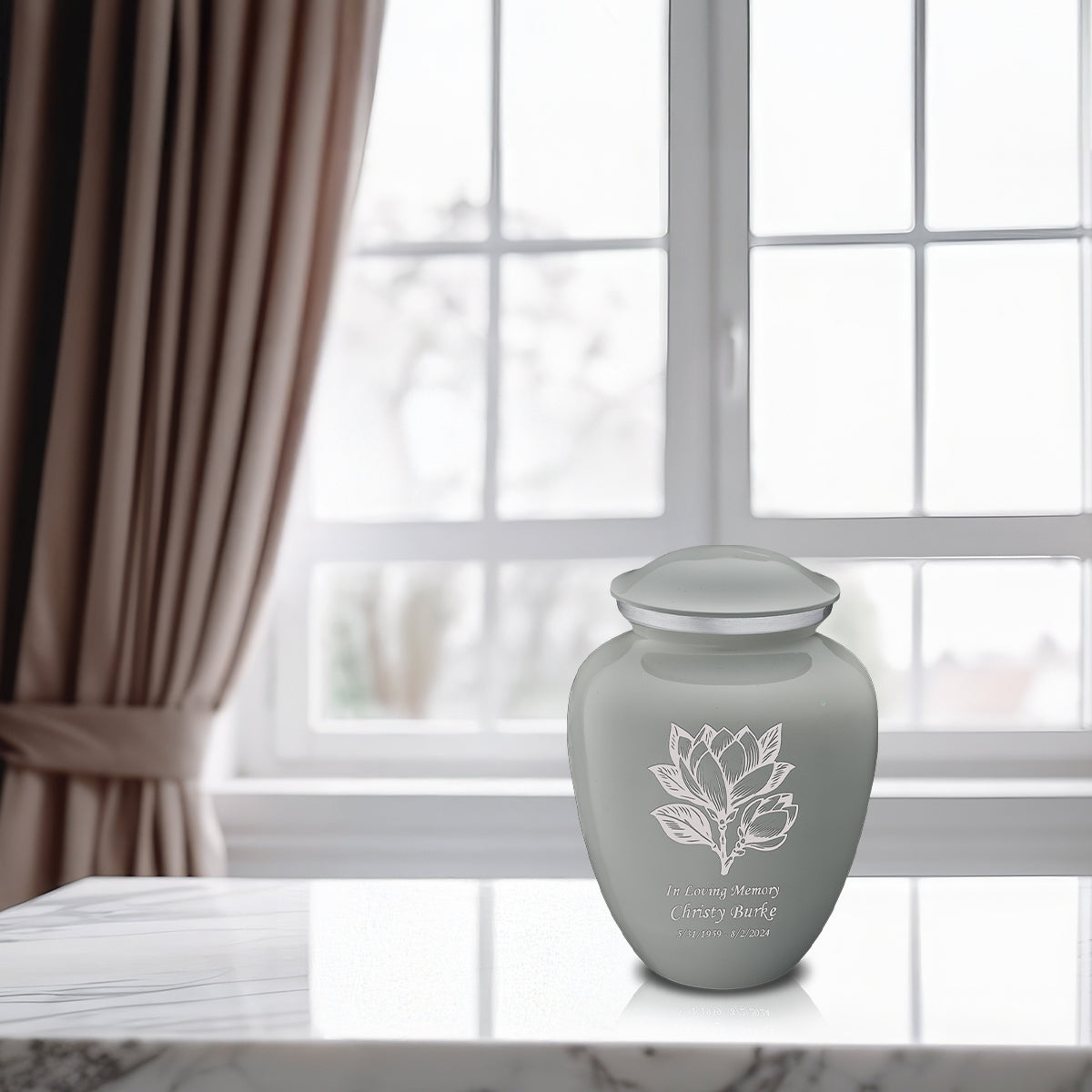 Medium Embrace Slate Grey Magnolia Flower Cremation Urn