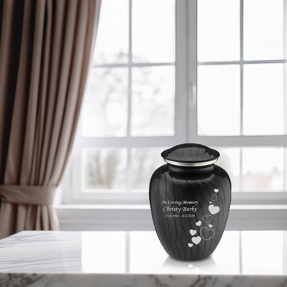 Medium Embrace Pearl Black Floating Heart Cremation Urn