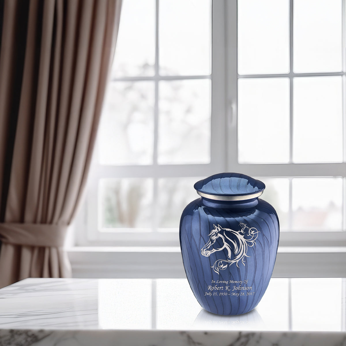 Medium Embrace Pearl Cobalt Blue Horse Cremation Urn