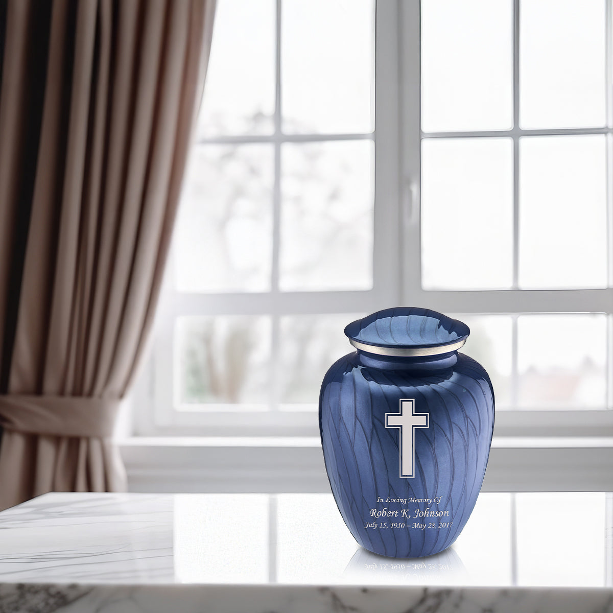 Medium Embrace Pearl Cobalt Blue Simple Cross Cremation Urn