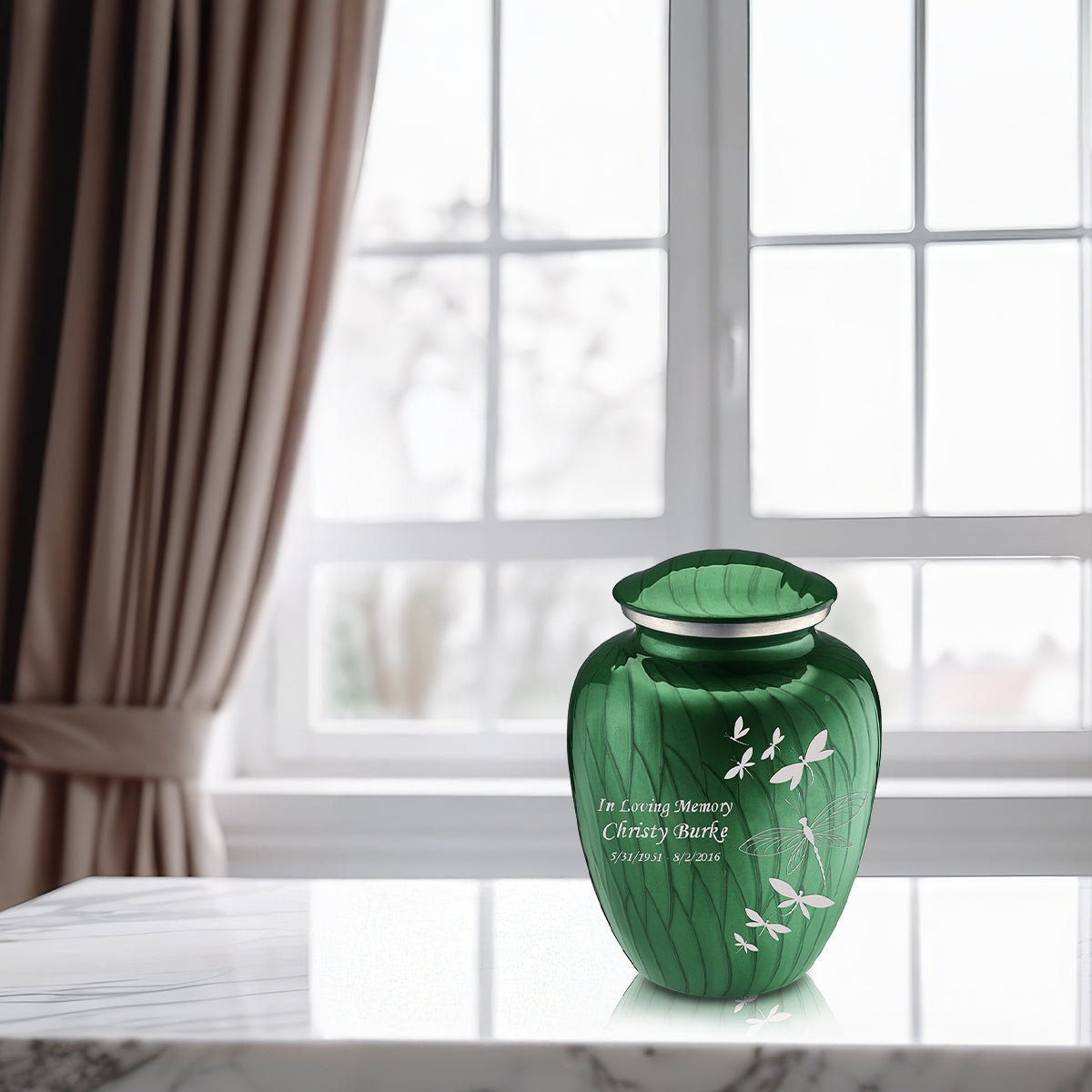 Medium Embrace Pearl Green Dragonfly Cremation Urn
