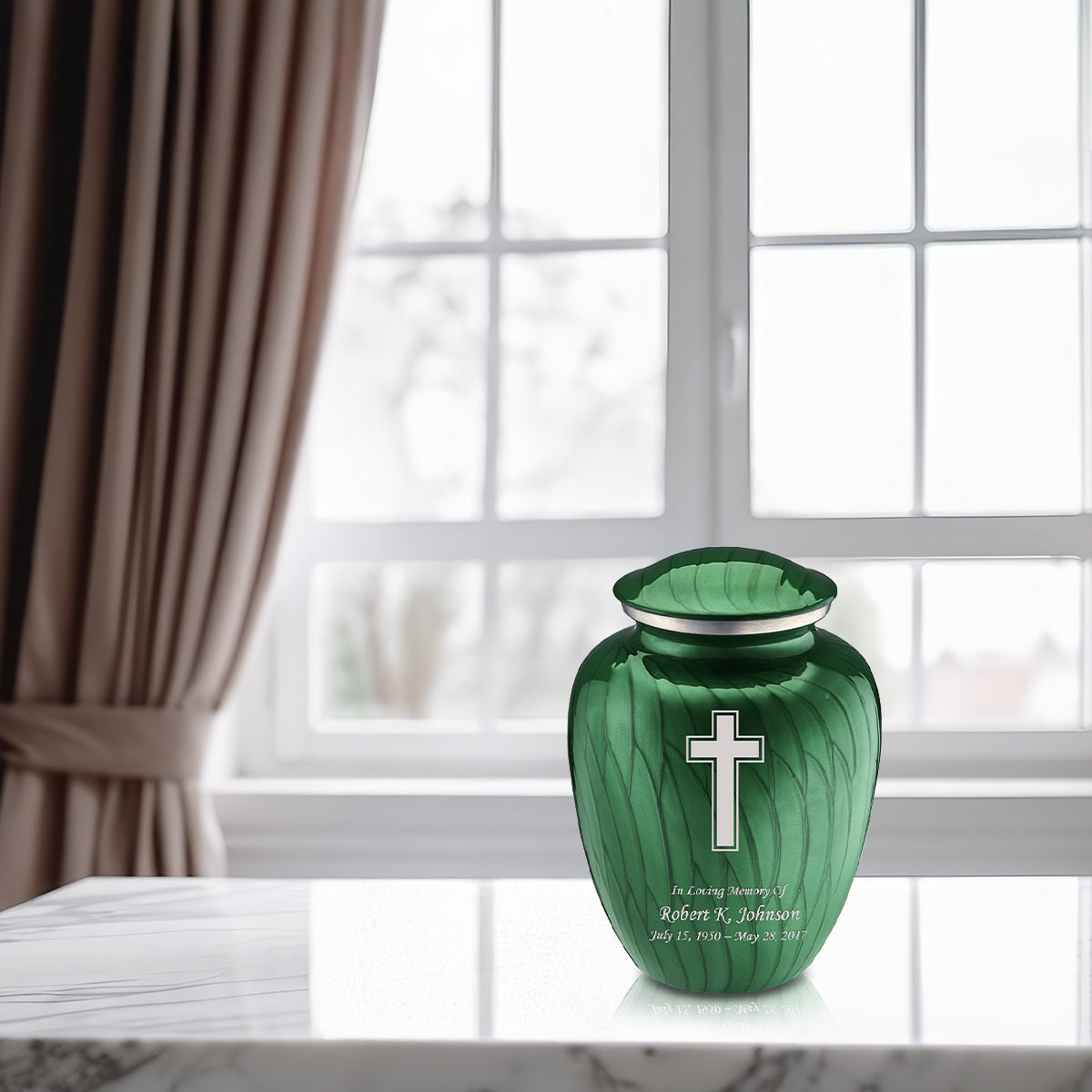 Medium Embrace Pearl Green Simple Cross Cremation Urn