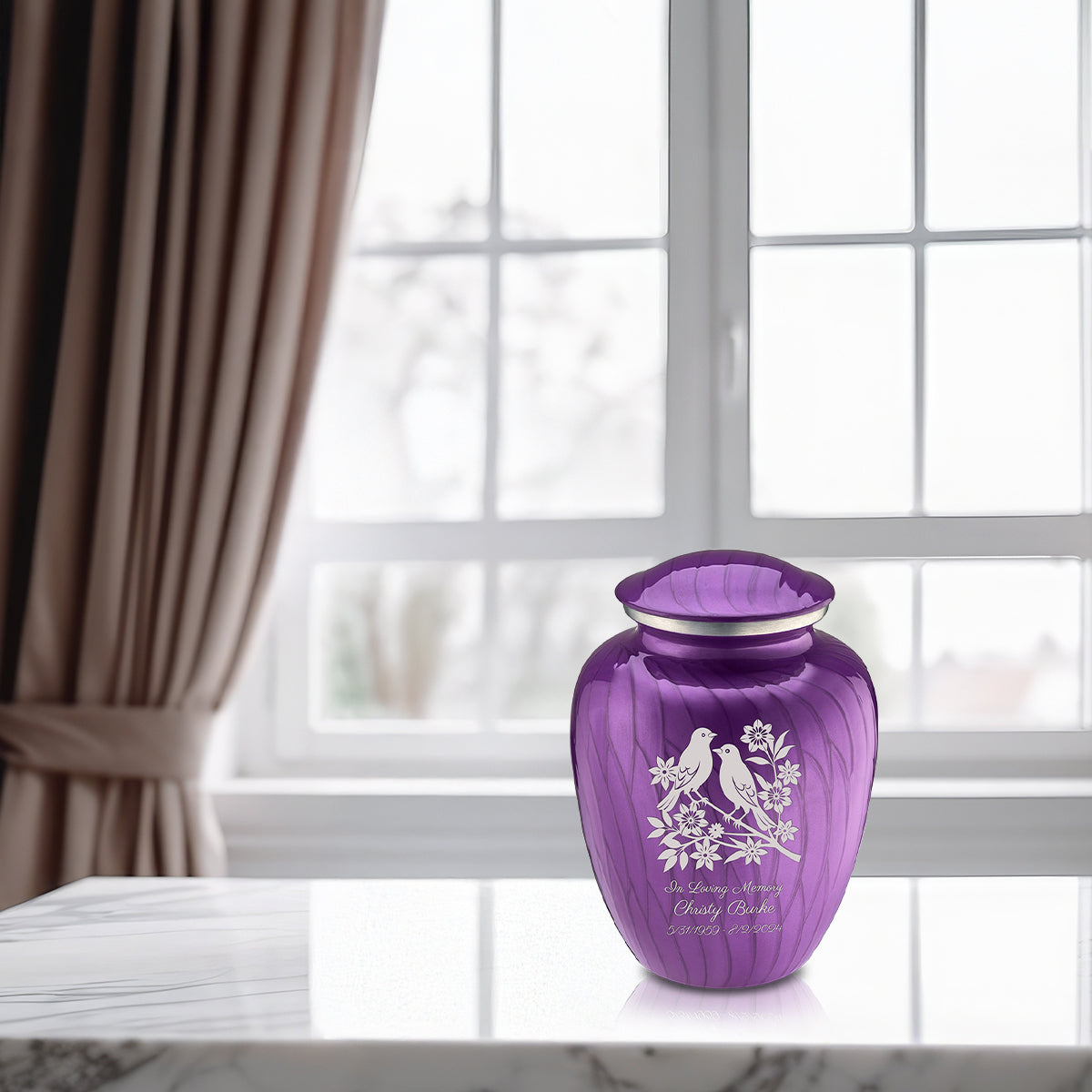 Medium Embrace Pearl Purple Songbirds Cremation Urn