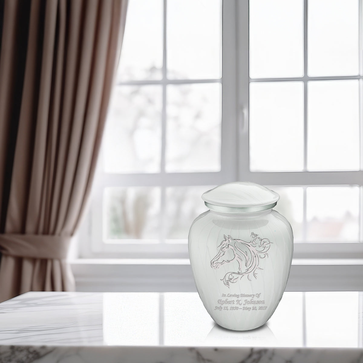 Medium Embrace Pearl White Horse Cremation Urn