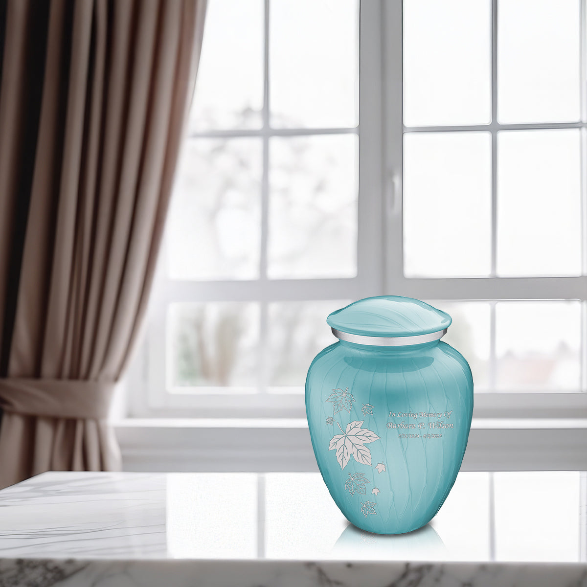 Medium Embrace Pearl Light Blue Falling Leaves Cremation Urn
