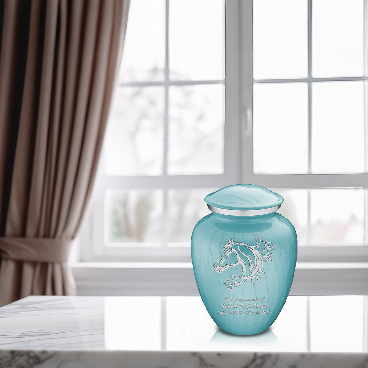 Medium Embrace Pearl Light Blue Horse Cremation Urn