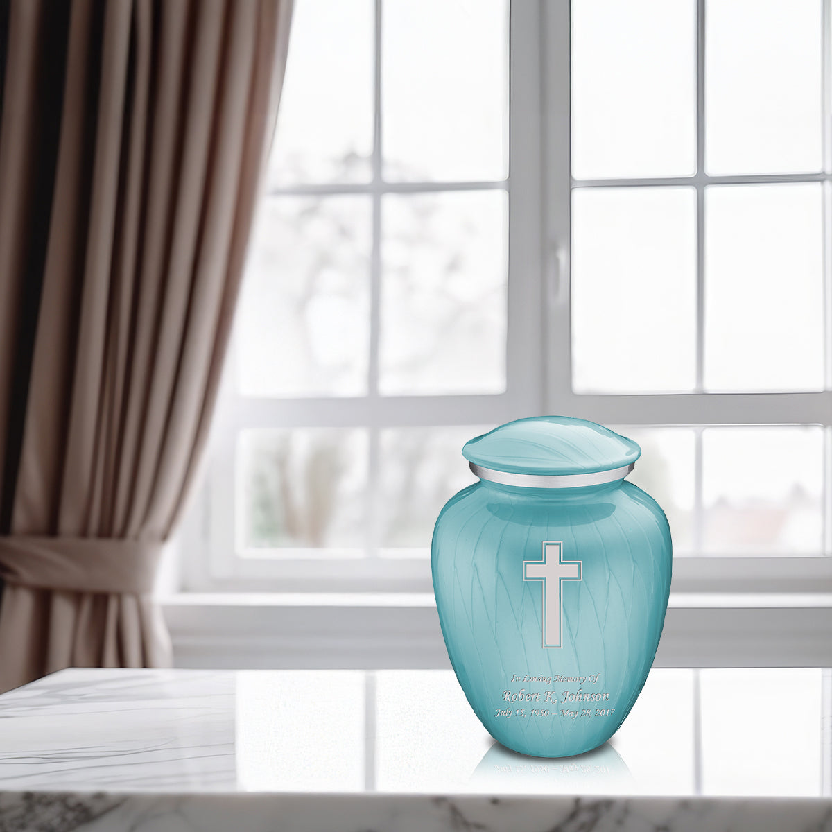 Medium Embrace Pearl Light Blue Simple Cross Cremation Urn
