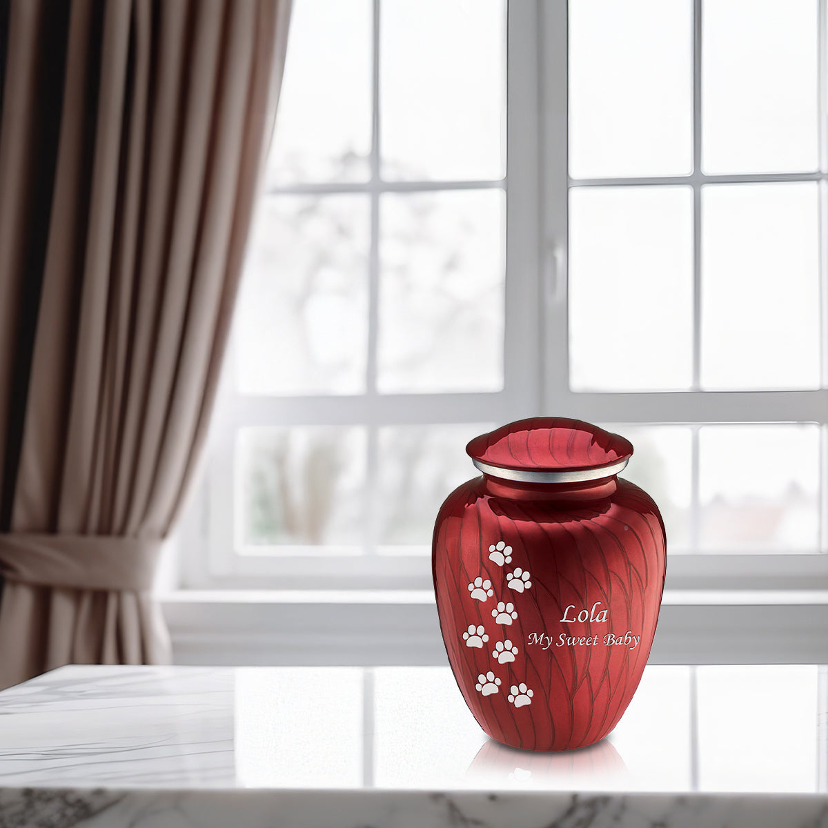Medium Embrace Pearl Candy Red Walking Paws Pet Cremation Urn