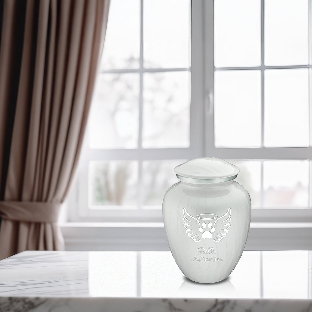 Medium Embrace Pearl White Pet Angel Wings Cremation Urn