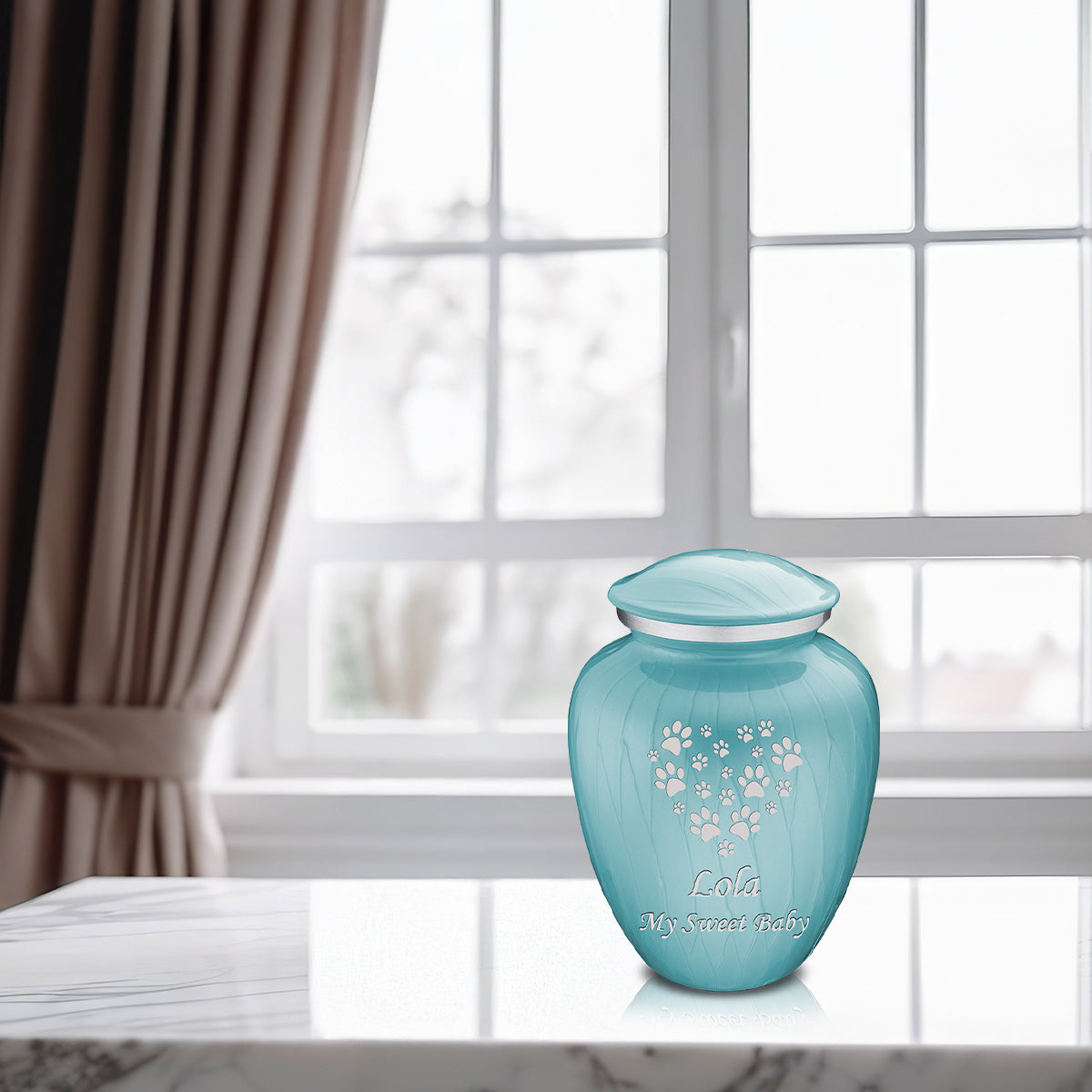 Medium Embrace Pearl Light Blue Heart Paws Pet Cremation Urn