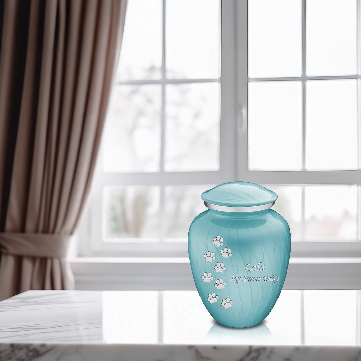 Medium Embrace Pearl Light Blue Walking Paws Pet Cremation Urn