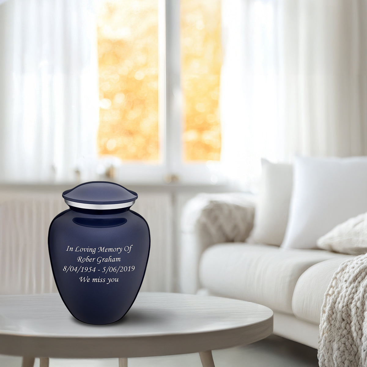 Medium Embrace Cobalt Blue Custom Engraved Cremation Urn