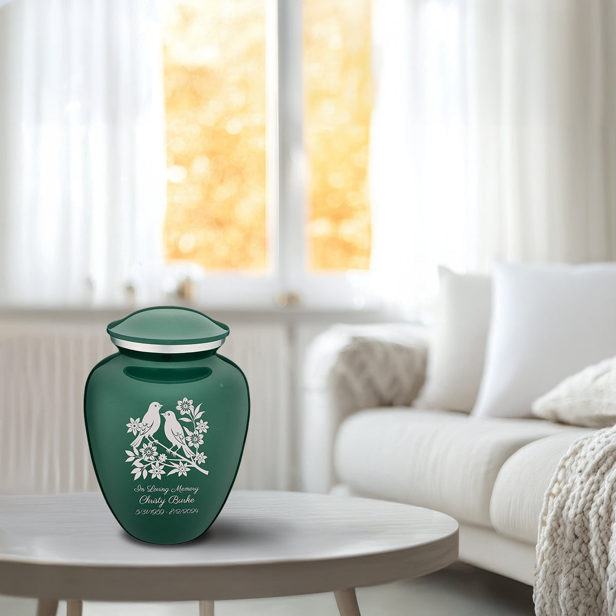 Medium Embrace Green Songbirds Cremation Urn