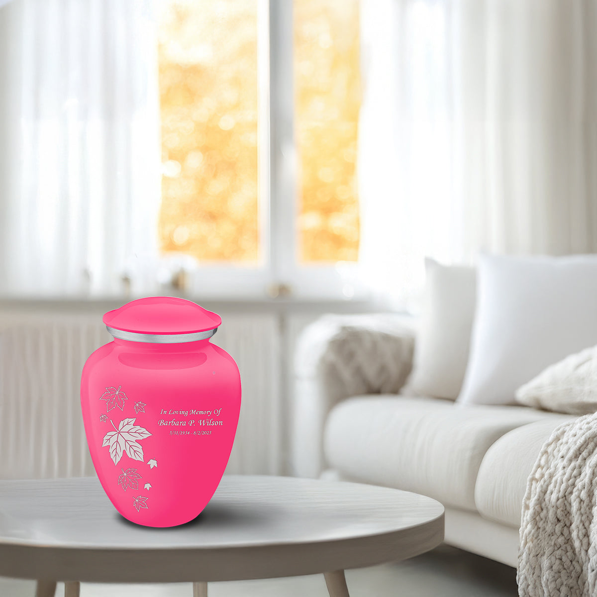 Medium Embrace Bright Pink Falling Leaves Cremation Urn