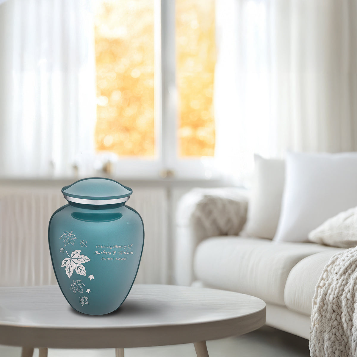Medium Embrace Teal Falling Leaves Cremation Urn