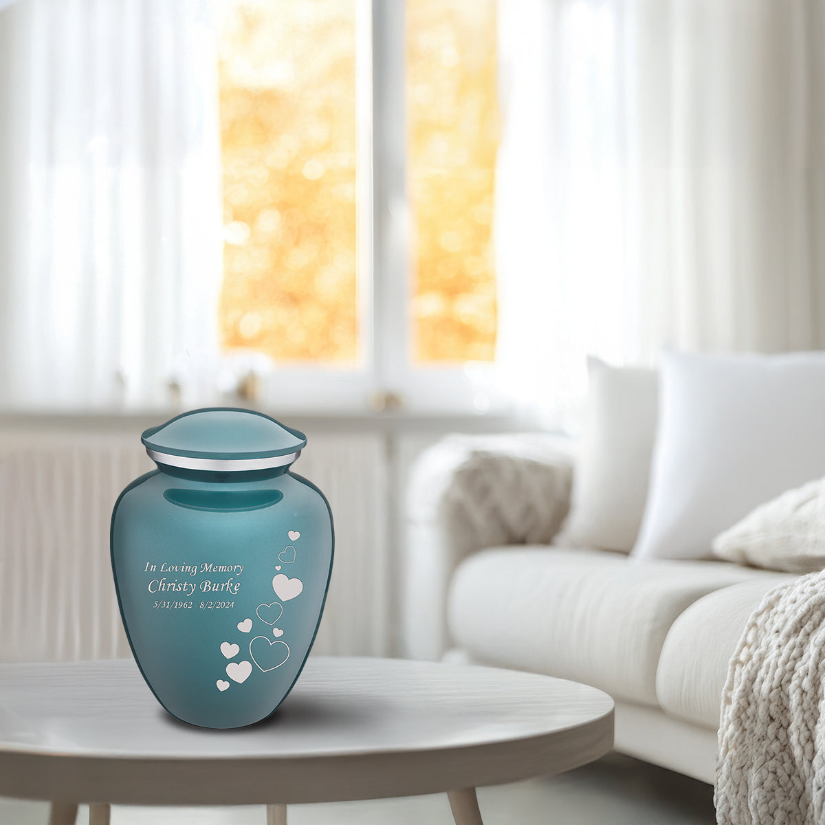 Medium Embrace Teal Floating Heart Cremation Urn