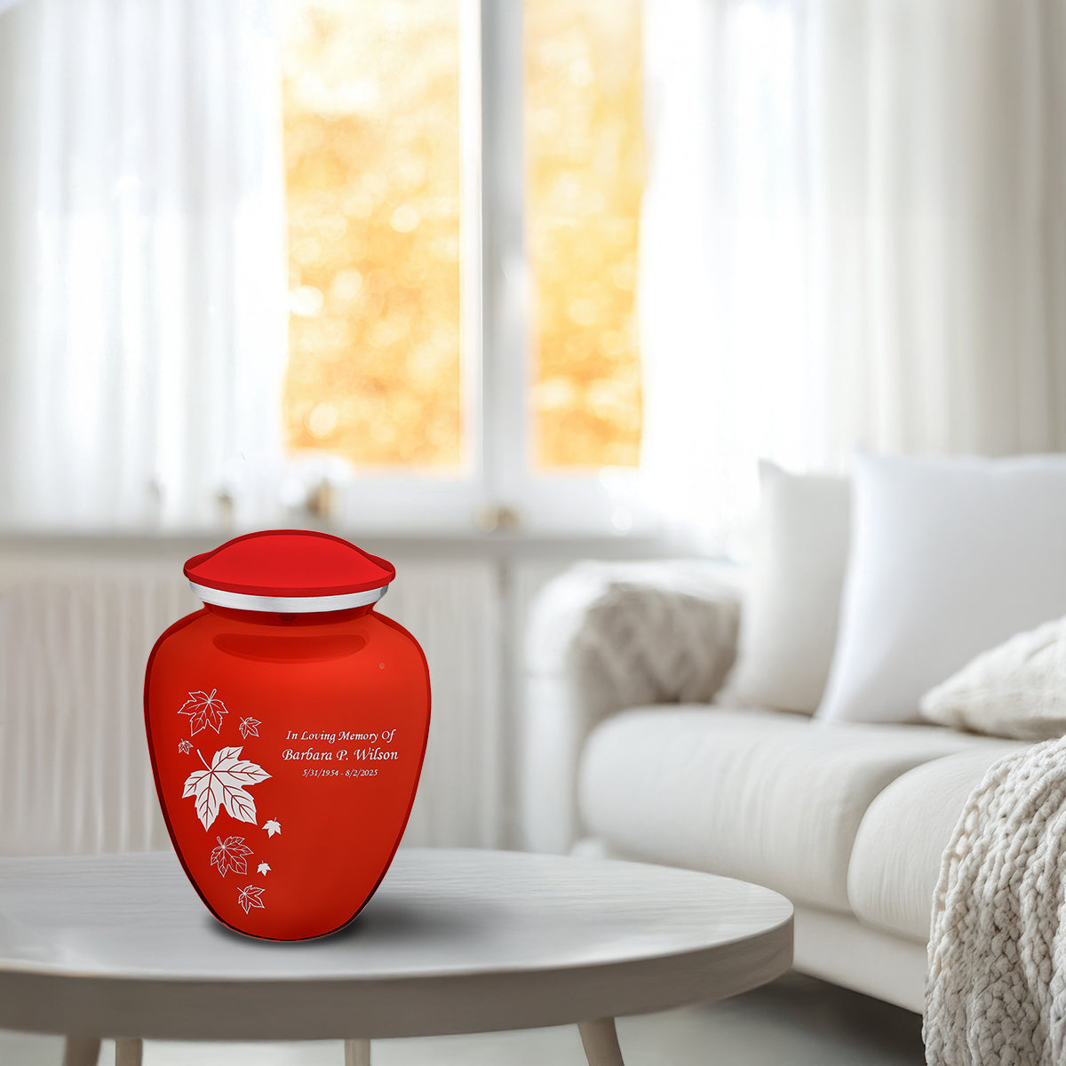 Medium Embrace Bright Red Falling Leaves Cremation Urn