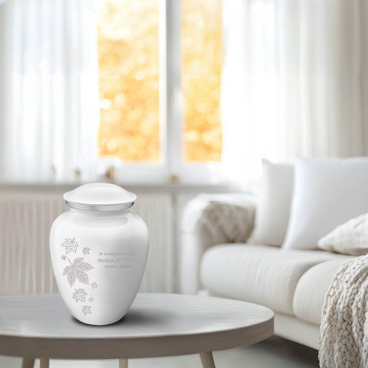 Medium Embrace White Falling Leaves Cremation Urn