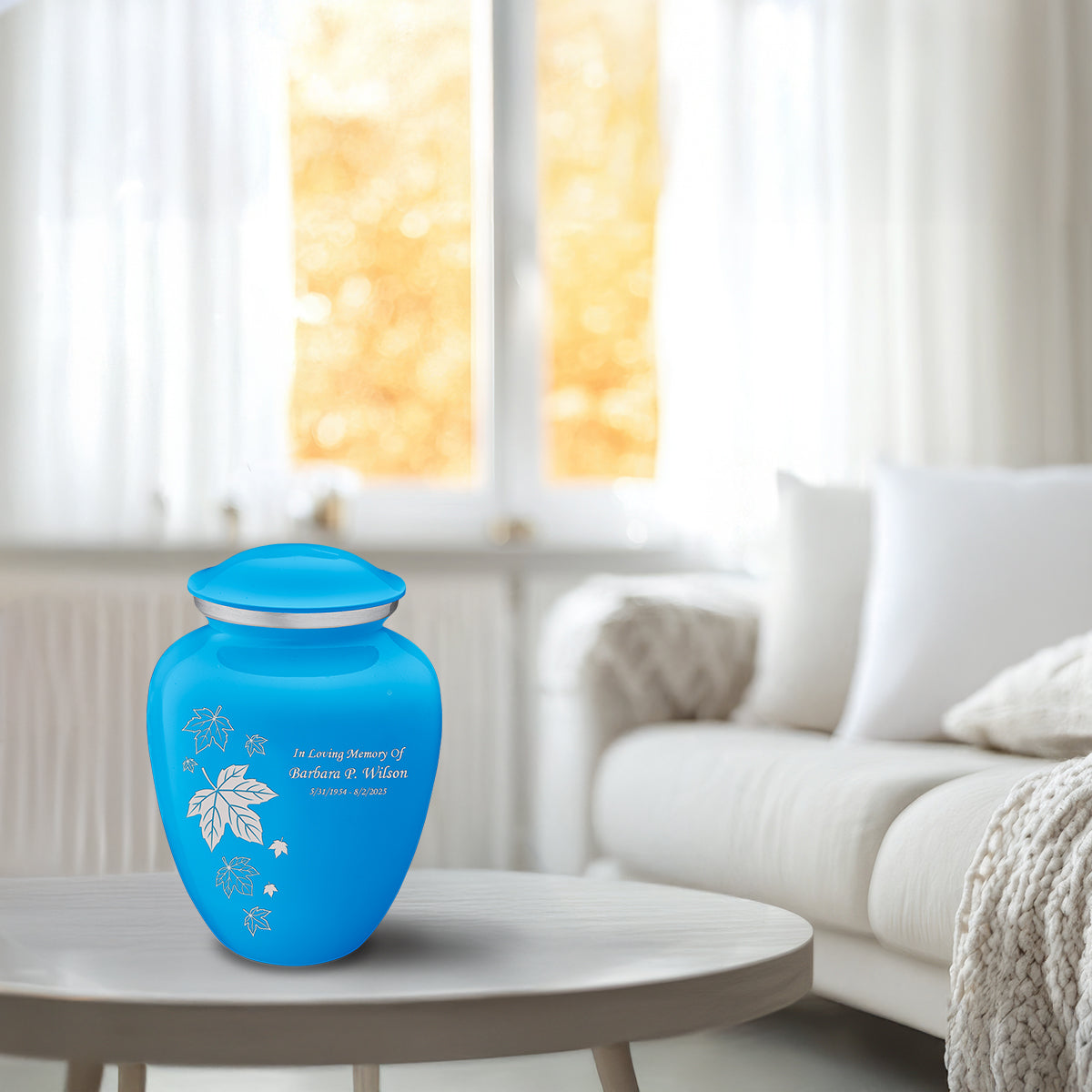 Medium Embrace Racing Blue Falling Leaves Cremation Urn