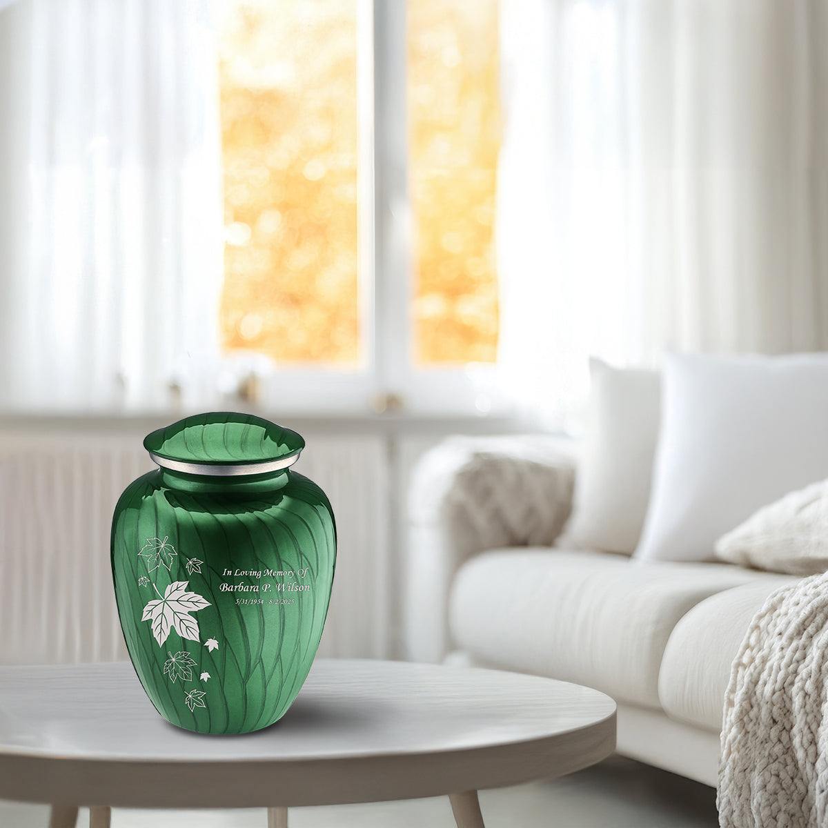 Medium Embrace Pearl Green Falling Leaves Cremation Urn