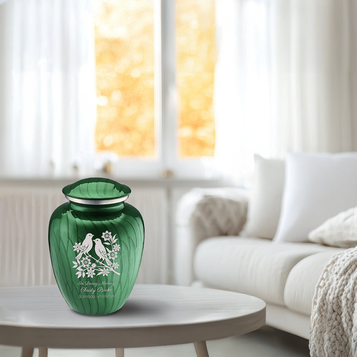 Medium Embrace Pearl Green Songbirds Cremation Urn
