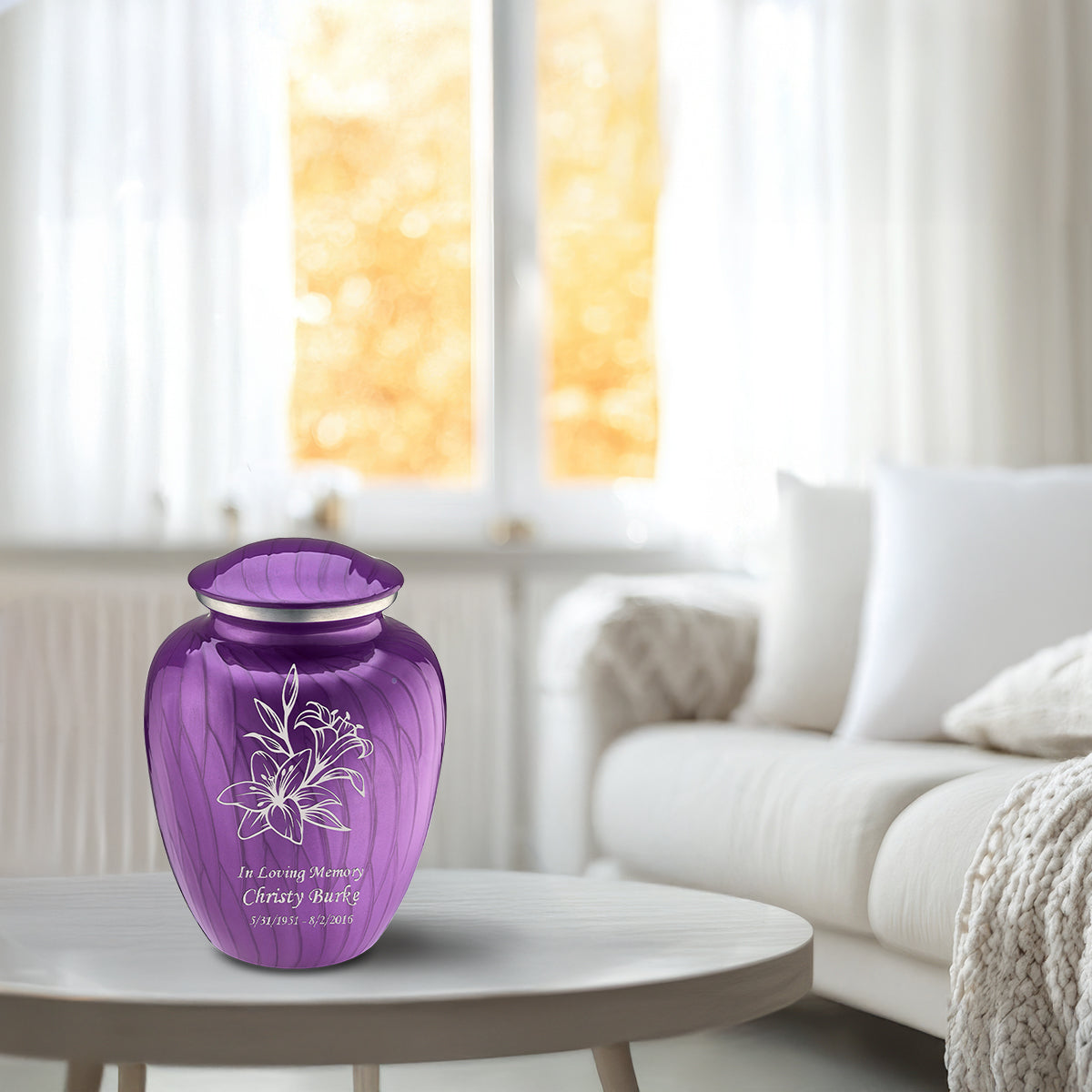 Medium Embrace Pearl Purple Lily Cremation Urn