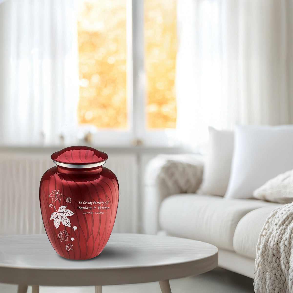 Medium Embrace Pearl Candy Red Falling Leaves Cremation Urn