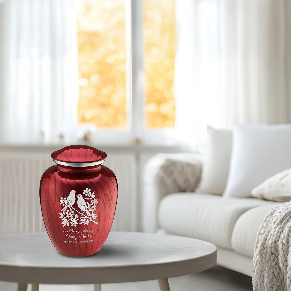 Medium Embrace Pearl Candy Red Songbirds Cremation Urn