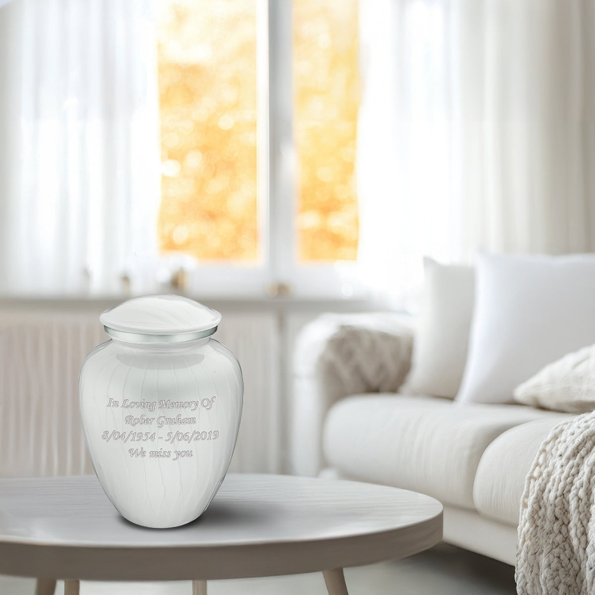 Medium Embrace Pearl White Custom Engraved Cremation Urn