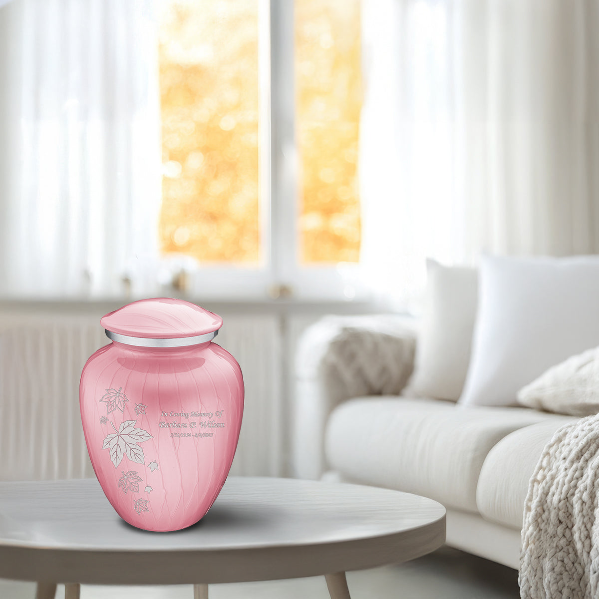 Medium Embrace Pearl Light Pink Falling Leaves Cremation Urn