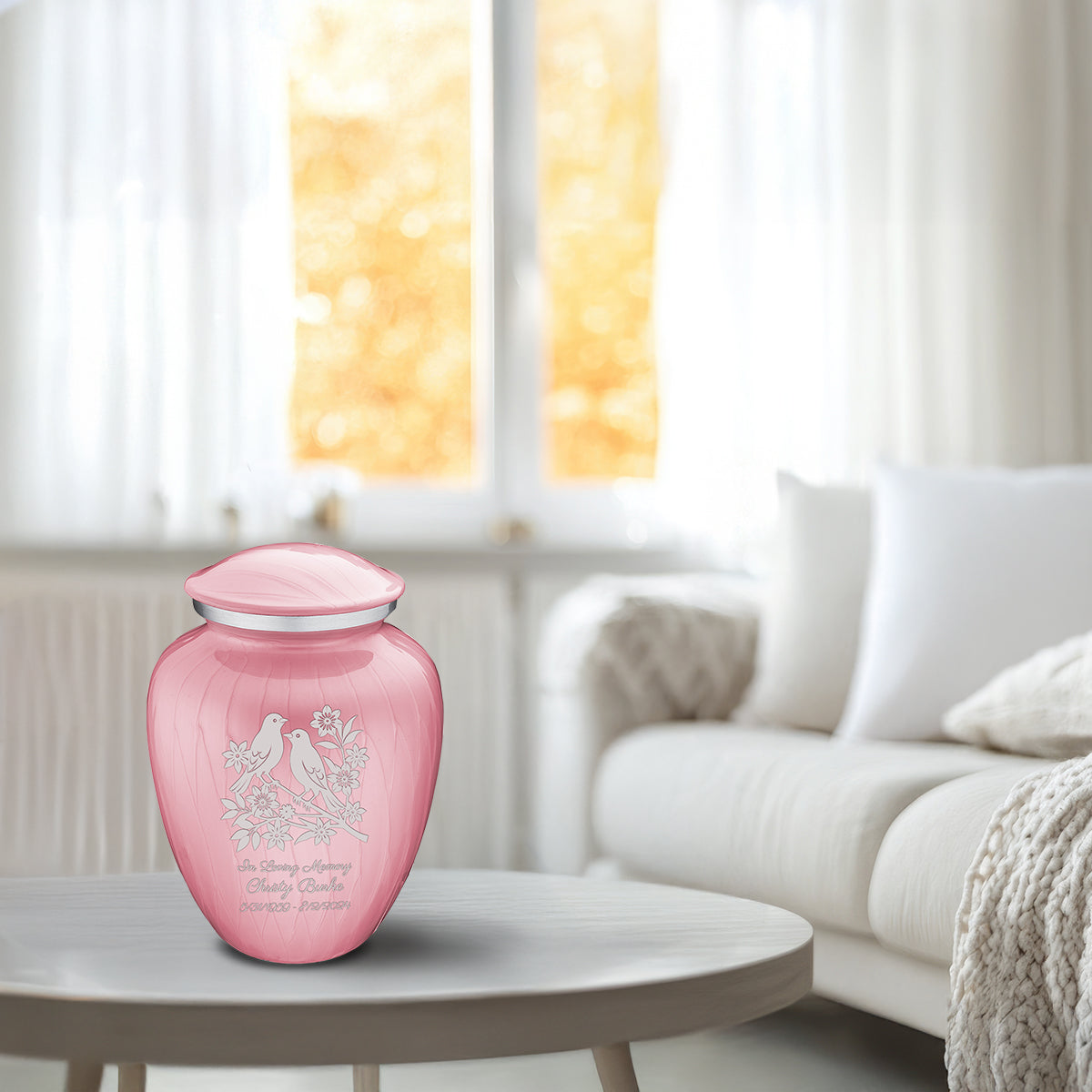 Medium Embrace Pearl Pink Songbirds Cremation Urn