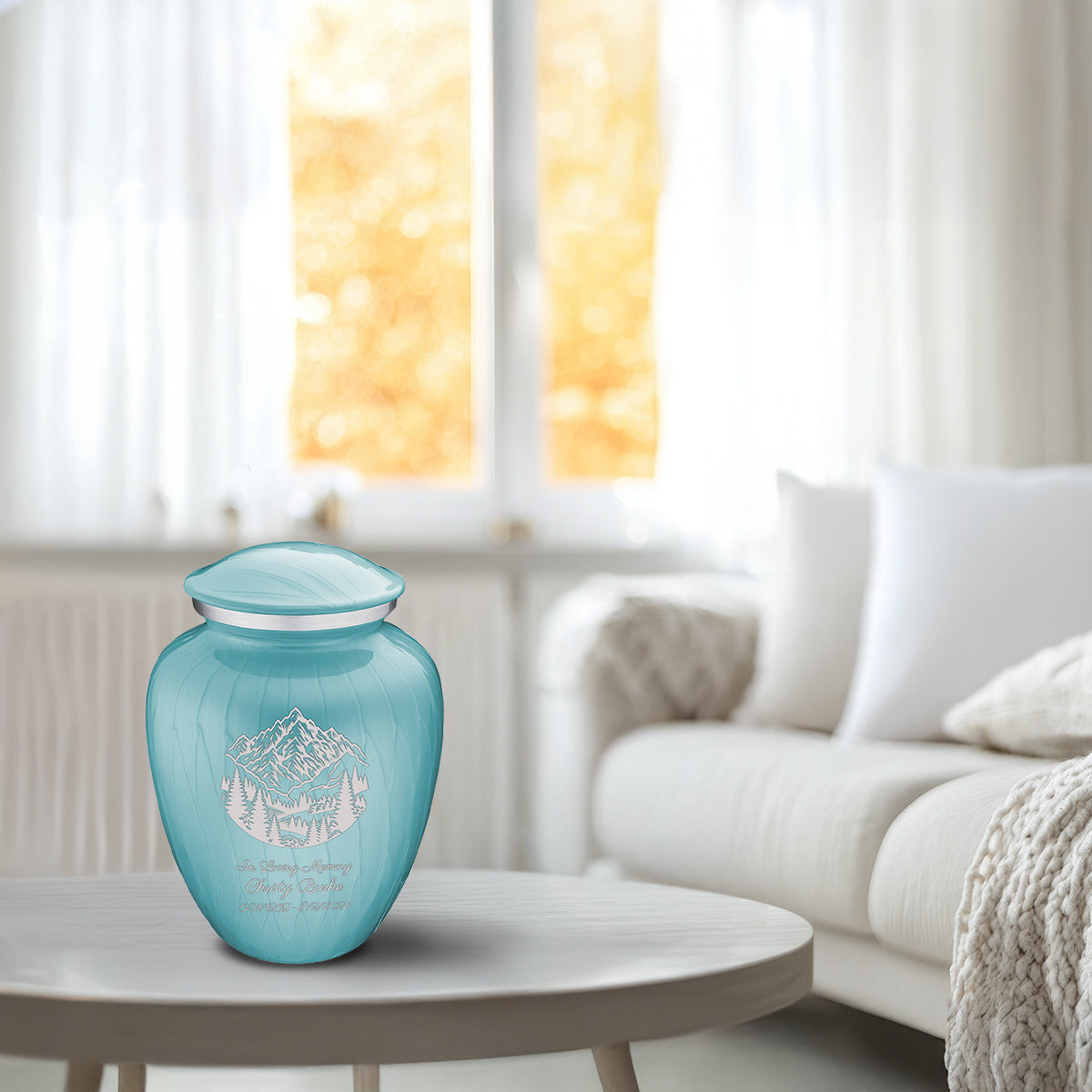 Medium Embrace Pearl Light Blue Rocky Mountains Cremation Urn