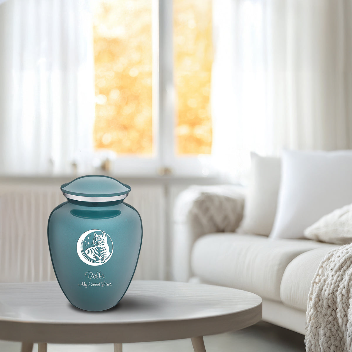 Medium Embrace Teal Pet Cute Cat Cremation Urn