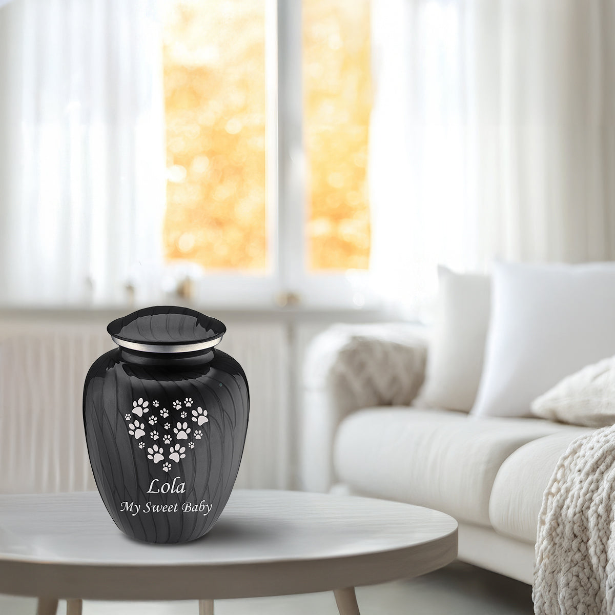 Medium Embrace Pearl Black Heart Paws Pet Cremation Urn