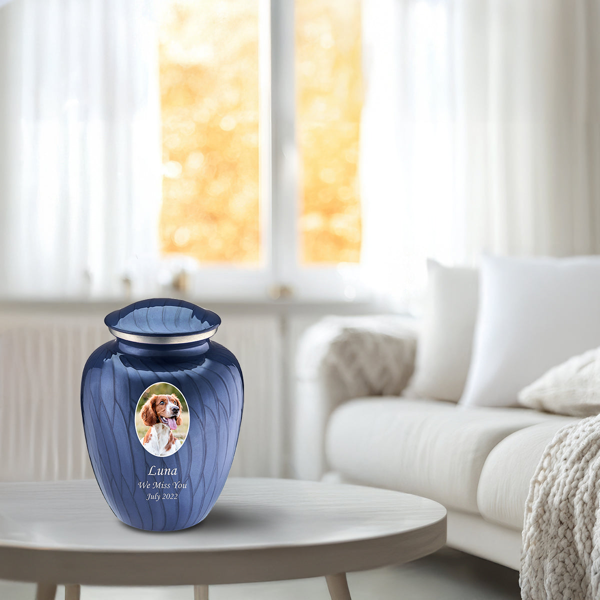 Medium Pet Embrace Pearl Cobalt Blue Portrait Cremation Urn