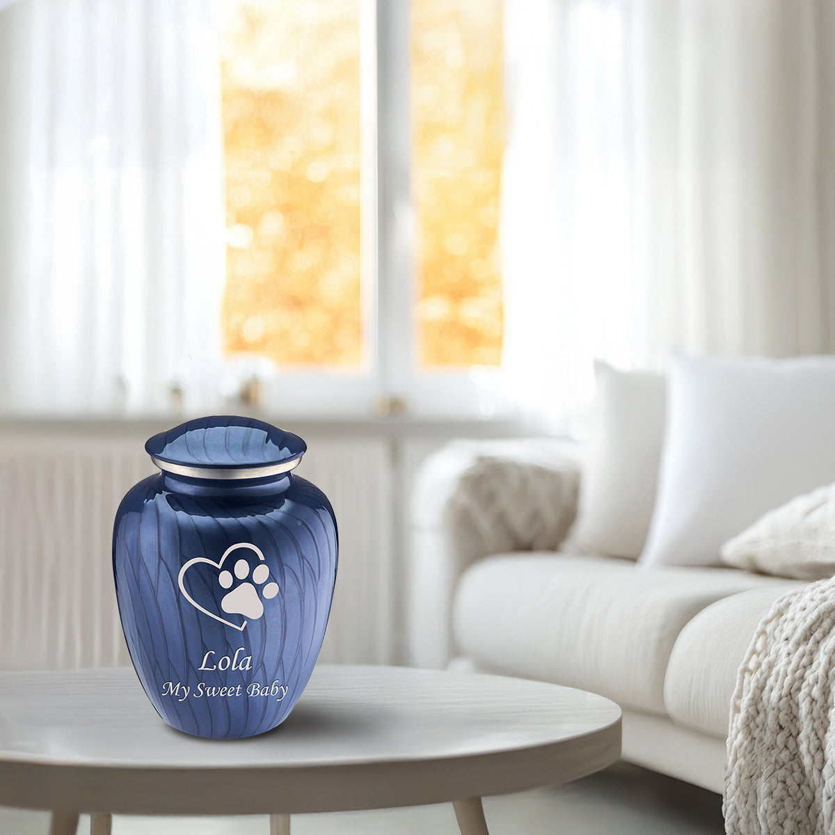 Medium Embrace Pearl Cobalt Blue Single Paw Heart Pet Cremation Urn