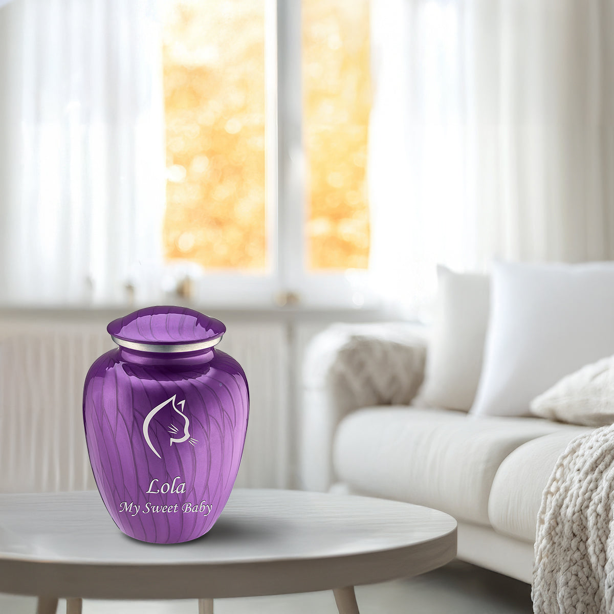 Medium Embrace Pearl Purple Cat Pet Cremation Urn
