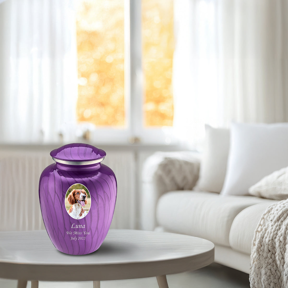 Medium Pet Embrace Pearl Purple Portrait Cremation Urn