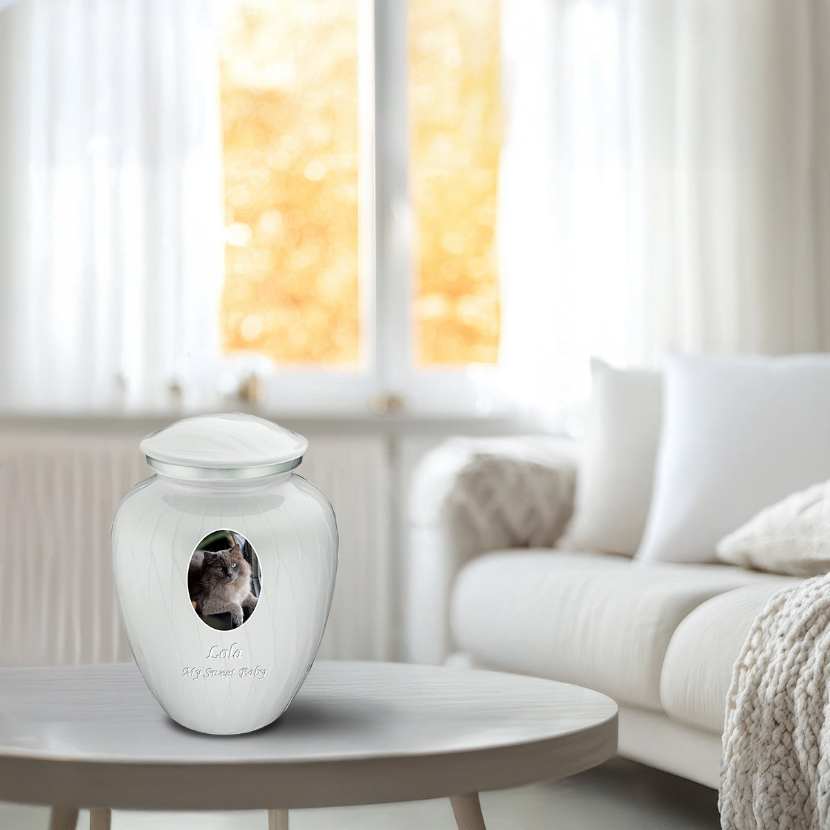 Medium Pet Embrace Pearl White Portrait Cremation Urn
