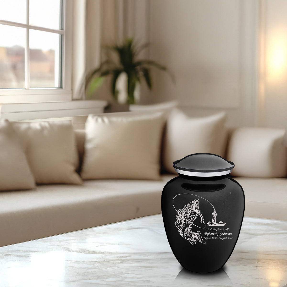 Medium Embrace Black Fishing Cremation Urn