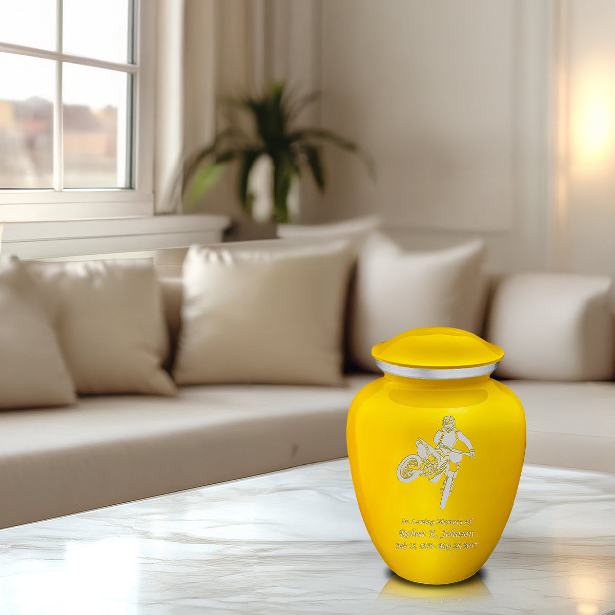 Medium Embrace Yellow Dirt Bike Cremation Urn