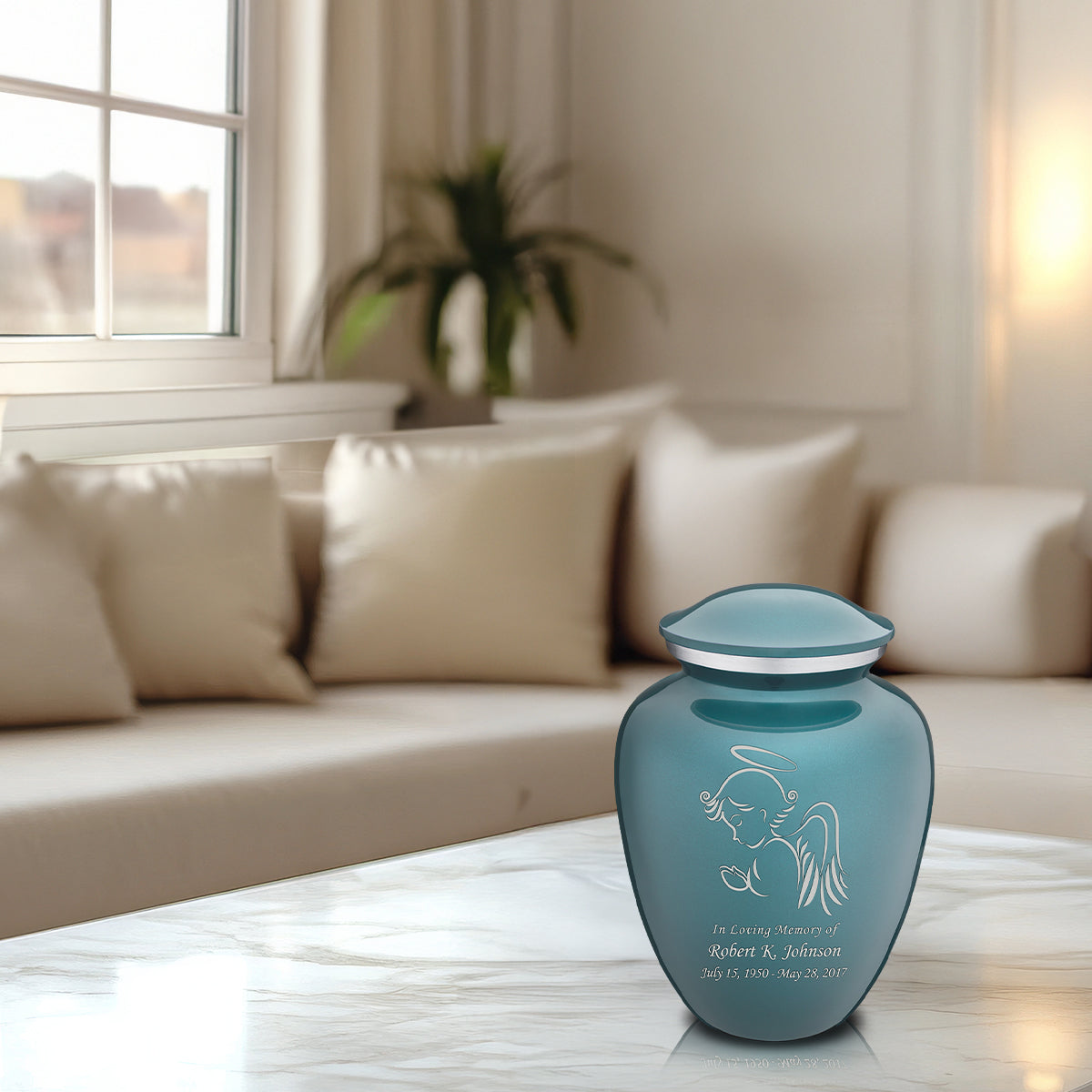 Medium Embrace Teal Angel Cremation Urn
